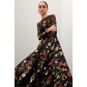OSCAR DE LA RENTA Black Floral Hand Embroidered Tulle Beaded Midi Dress Size 6